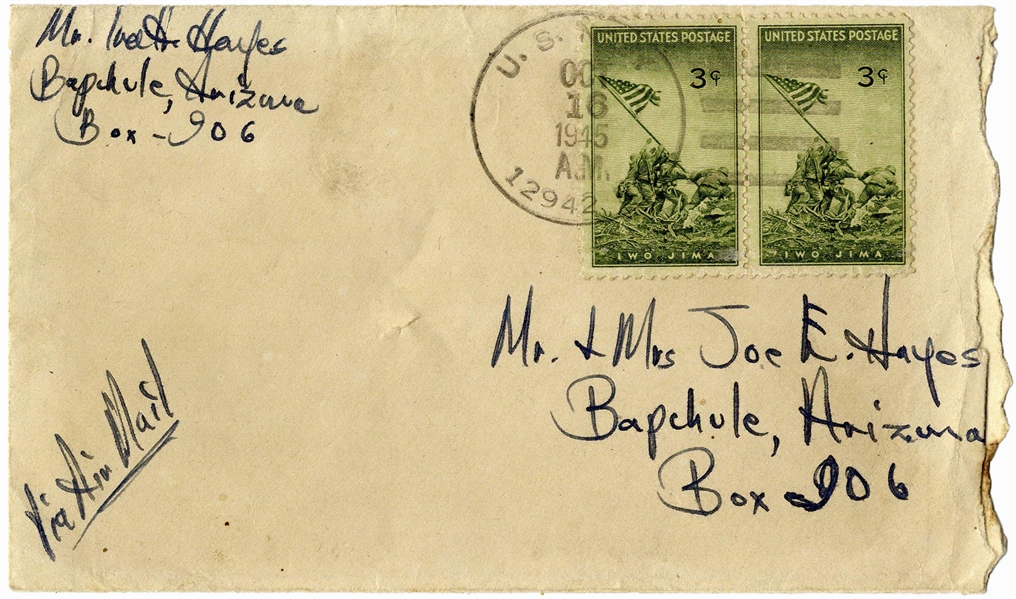 Ira Hayes Envelope Signed From 1945 With Two Iwo Jima Stamps as Postage